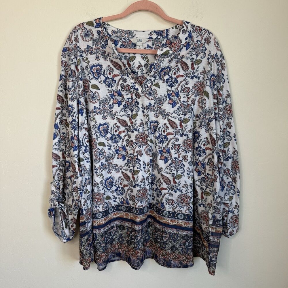 Croft & Barrow Womens Boho Paisley Geometric Top Size 3X Artsy 3/4 Sleeve Hippie